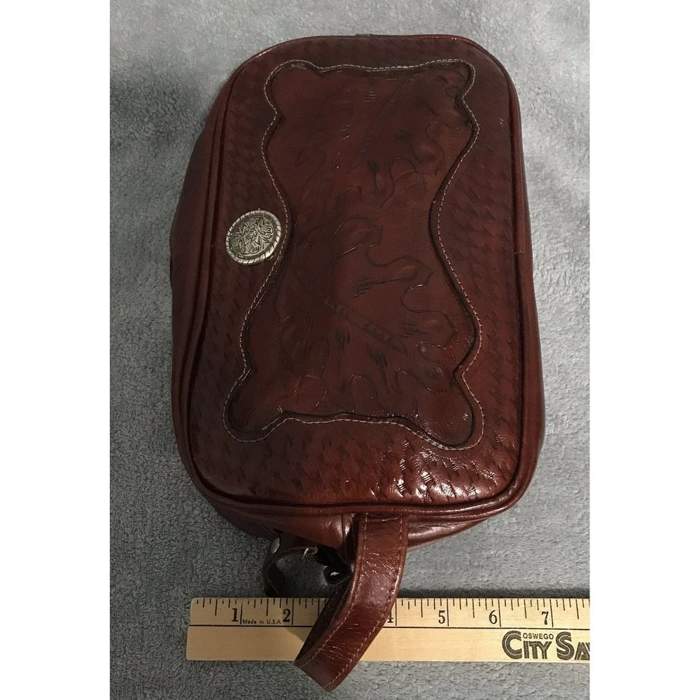 American West Embossed Tooled Leather Toiletry Cosmetic Bag Western Leaf Style